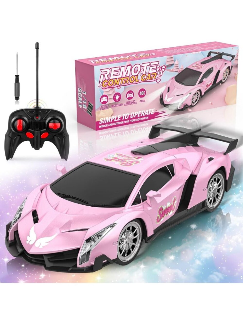 Pink Remote Control Car for Girls, 1:18 Scale Electric Racing Toy with Lights